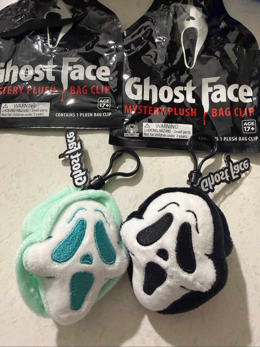 Culture Fly Ghost Face Set of 2 Plush Keychain Heads Blue and Black New